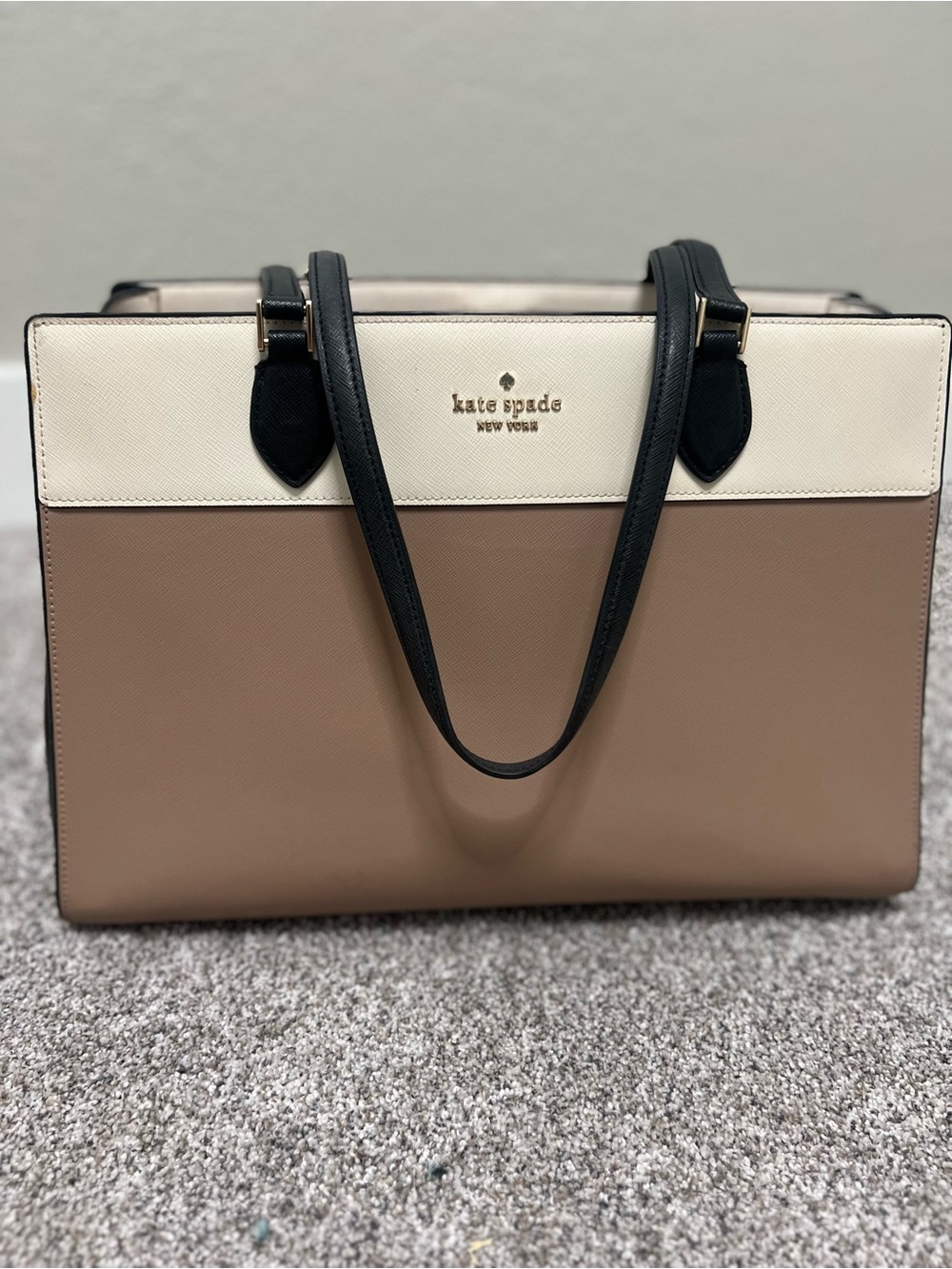 kate spade Two-Tone Leather Tote in Taupe, Cream & Black